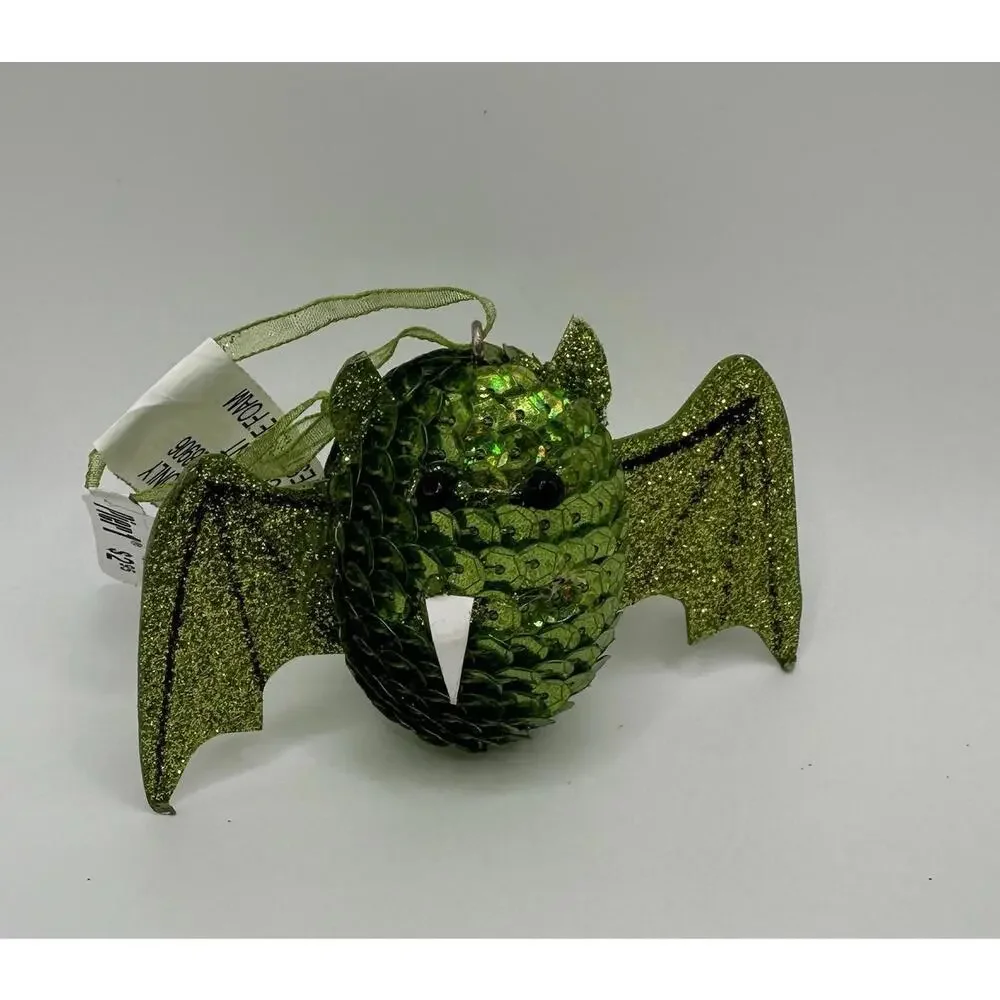 Pier 1 Imports Halloween Bat Ornament Green Sequins Retired-missing fang